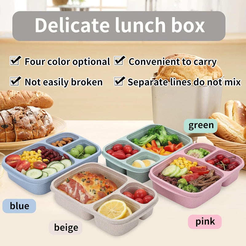 buluker 4 Pack Bento Lunch Box Set 3 Compartment Food Storage Containers Wheat Straw Meal Prep Lunch Box Plastic Food Storage Containers, Microwave and Dishwasher Safe (light colour) - Image 4